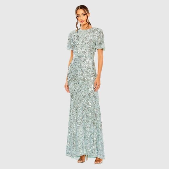 MAC DUGGAL 93932 Blue Flutter Sleeve Sequin High Neck Gown Dress - Picture 2 of 13